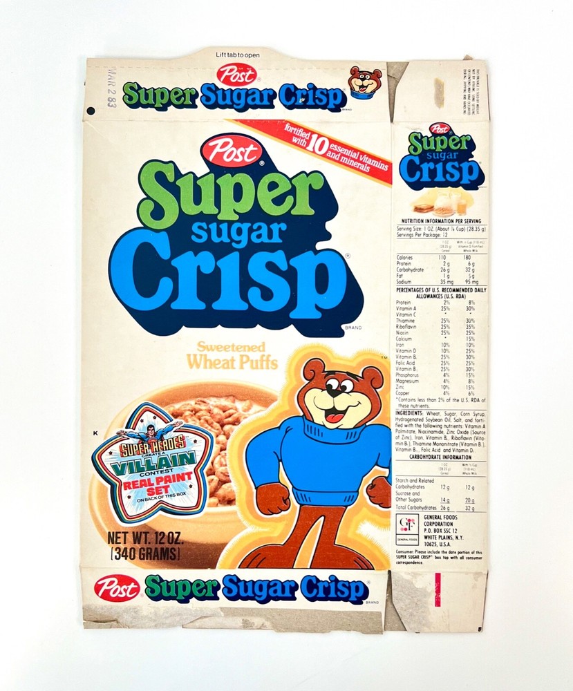 Vintage 1981 Post Super Sugar Crisp Cereal Box Super Heroes Paint Set Superman