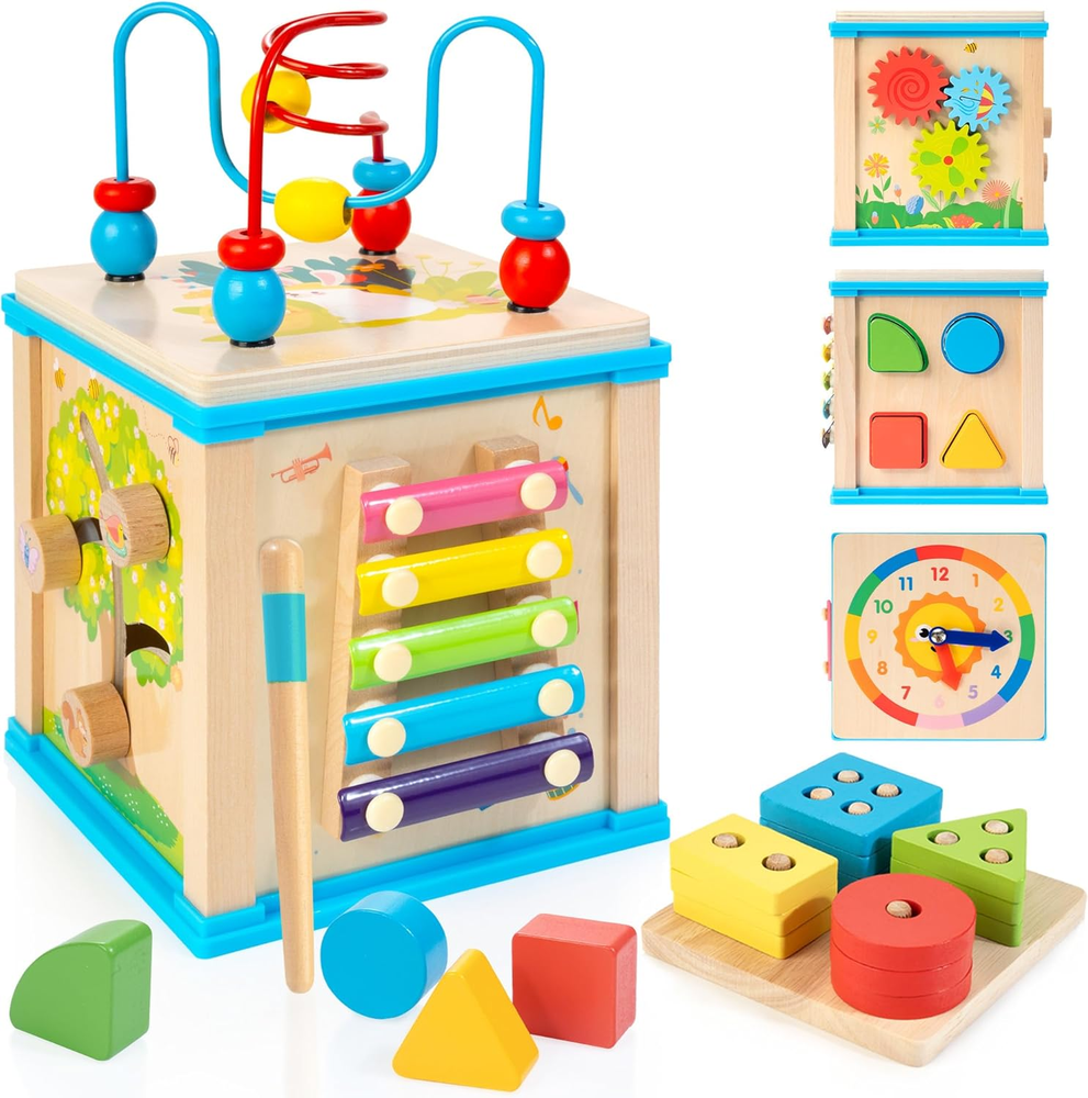 Wooden 7-In-1 Activity Cube, Montessori Toys for 1 Year Old Toddlers, Baby Educa