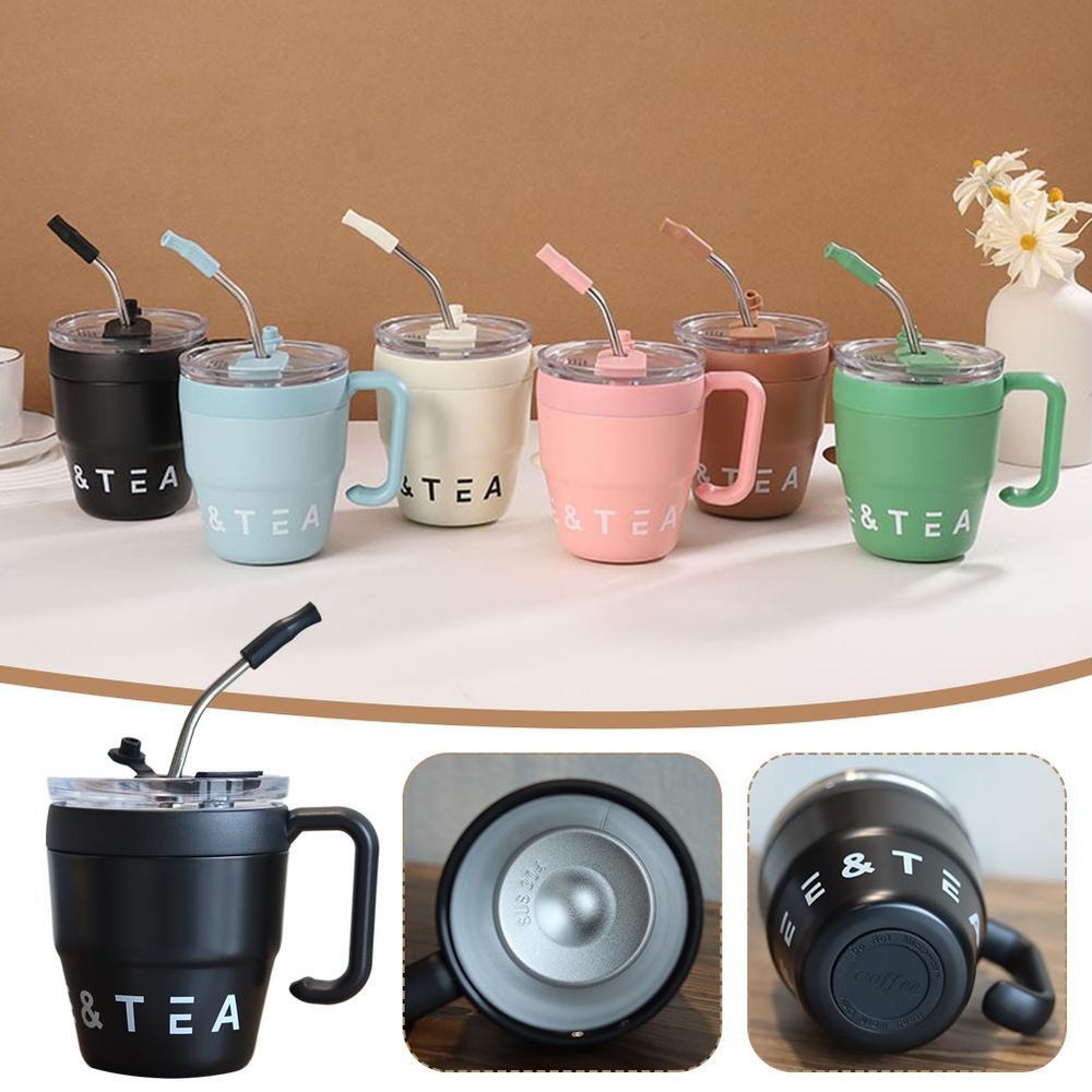 Insulated Coffee Mug with Straw Cup Thermal Stainless Steel Flask Vacuum T7N7