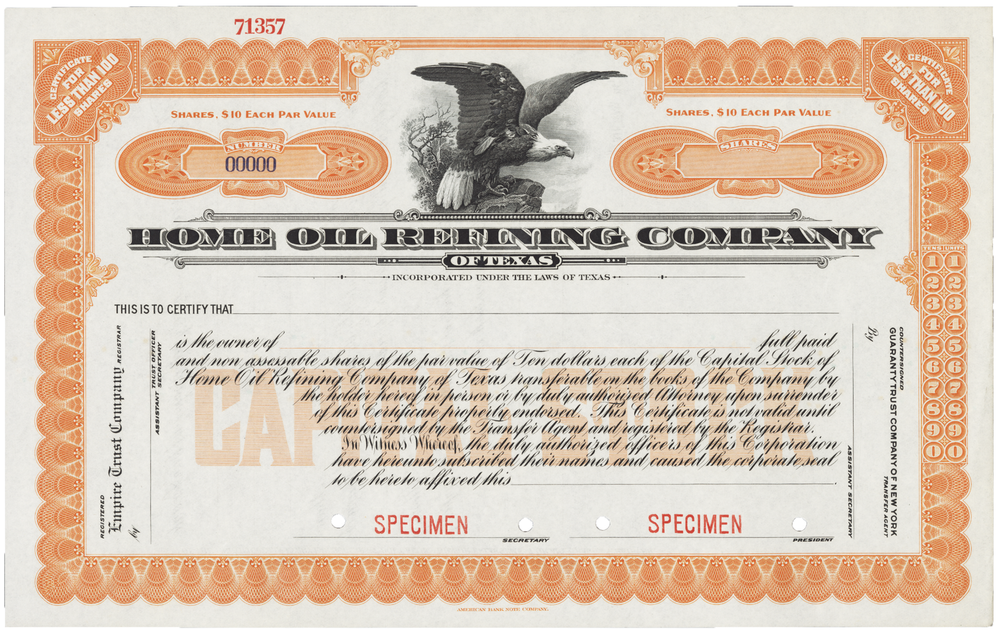Home Oil Refining Company of Texas. Stock Certificate.