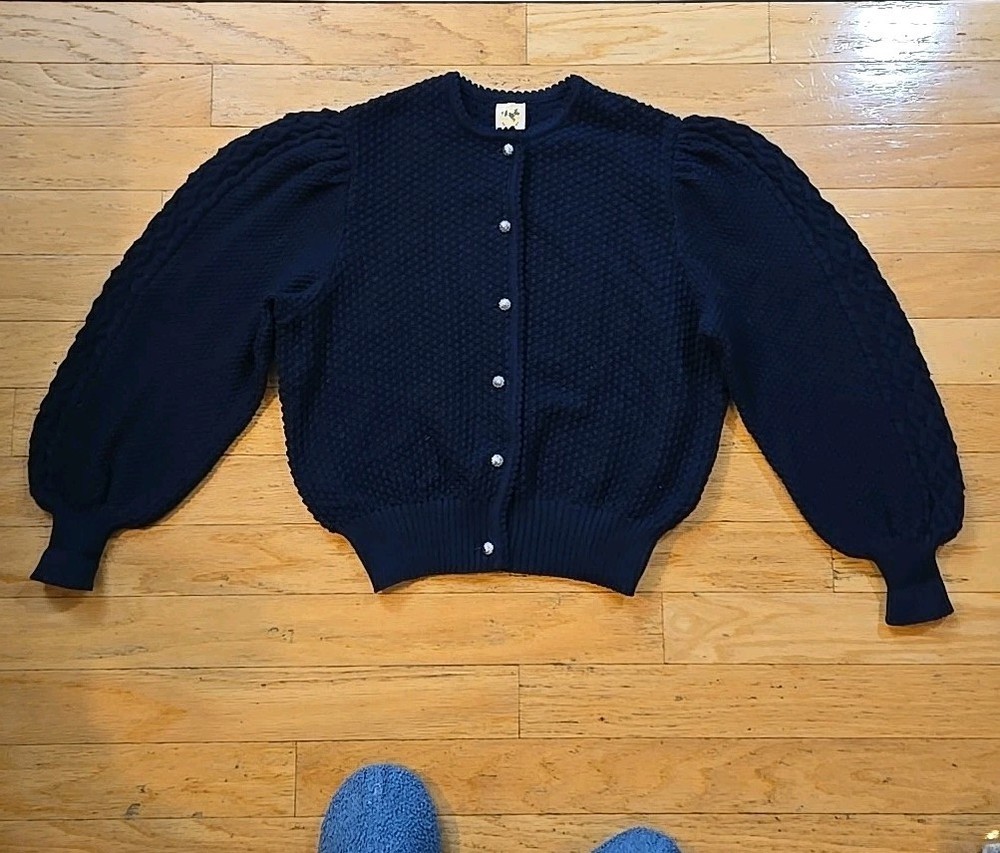 VTG Handmade Crochet Balloon Sleeve Womens Size Large Cardigan Navy
