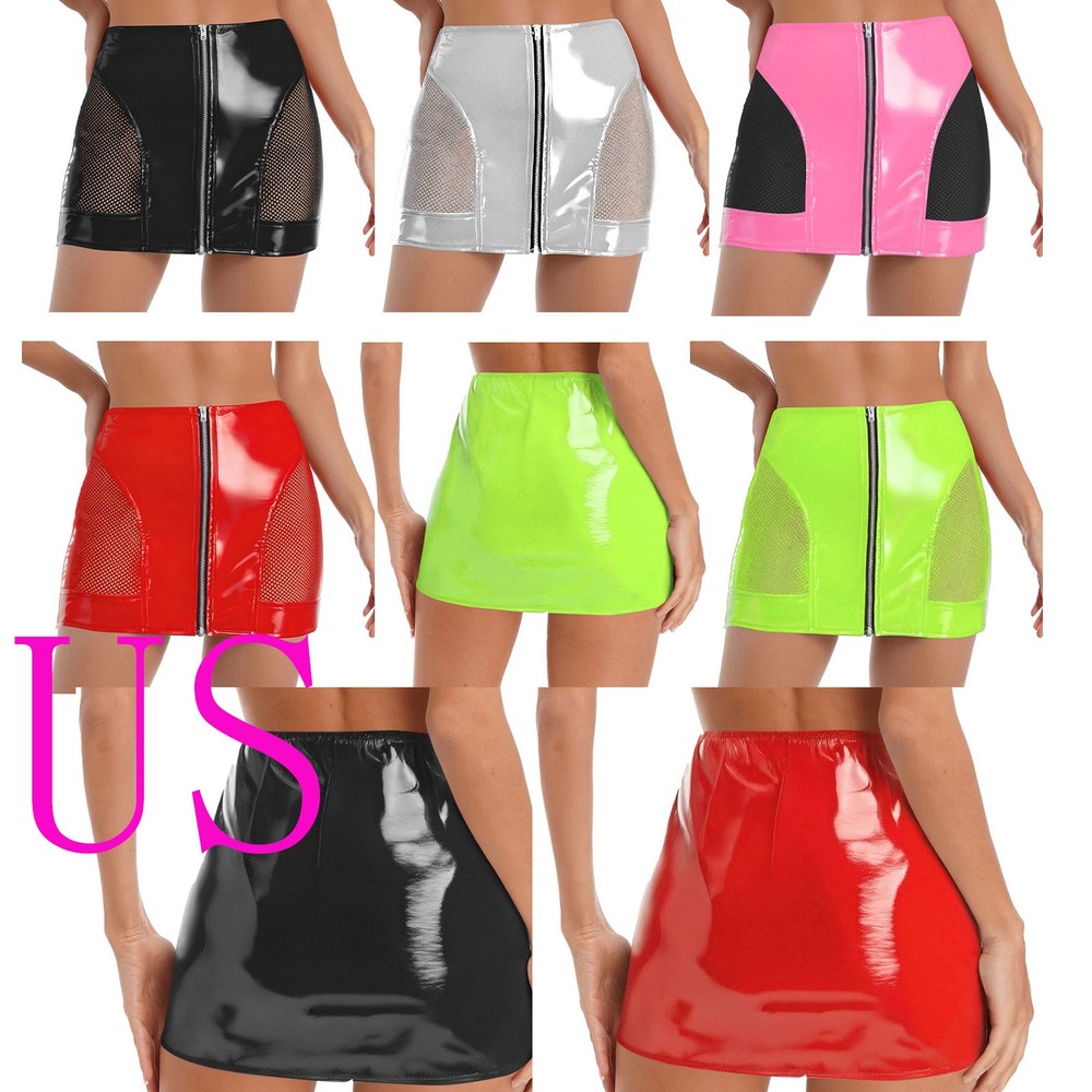 US Women's Sexy PU Leather High Waist Wet Look Front Zipper Bodycon Micro Skirts