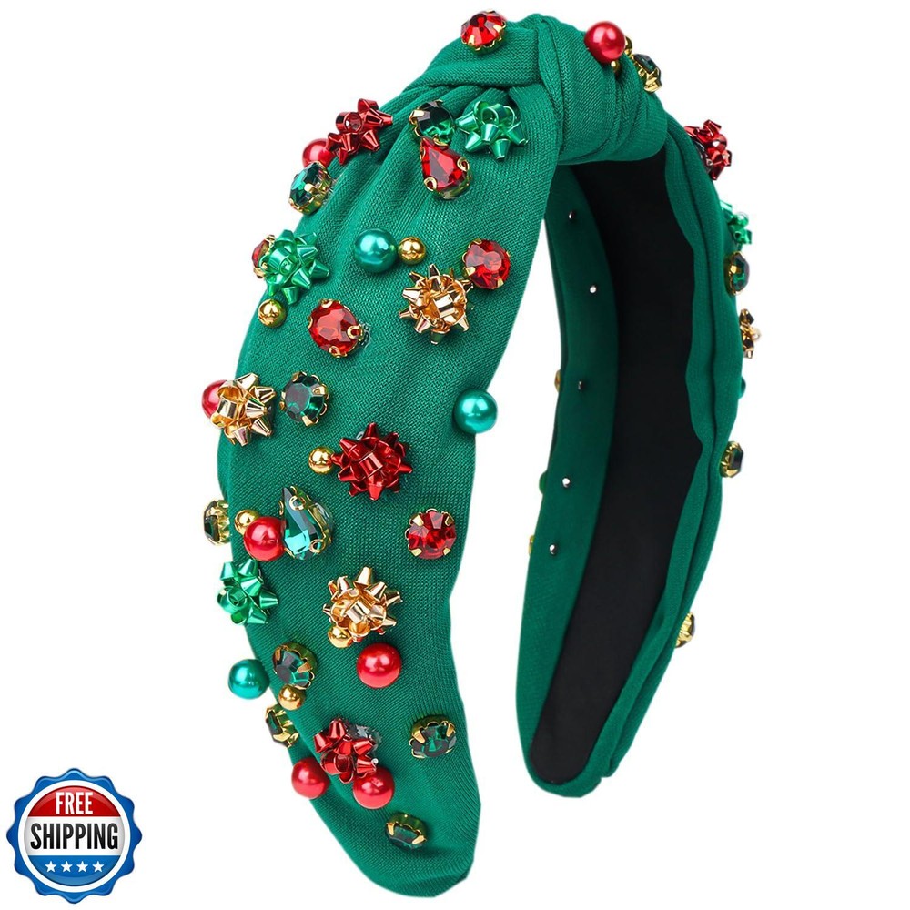 Festive TULOBI Knotted Christmas Headband with Red Green Pearls