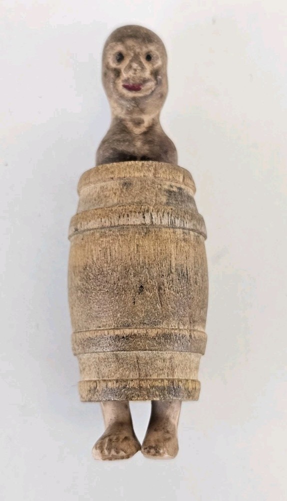 Vintage Wooden Nude Man in Whiskey Barrel Phallic Pop-Up Gift 3 Inch Tall