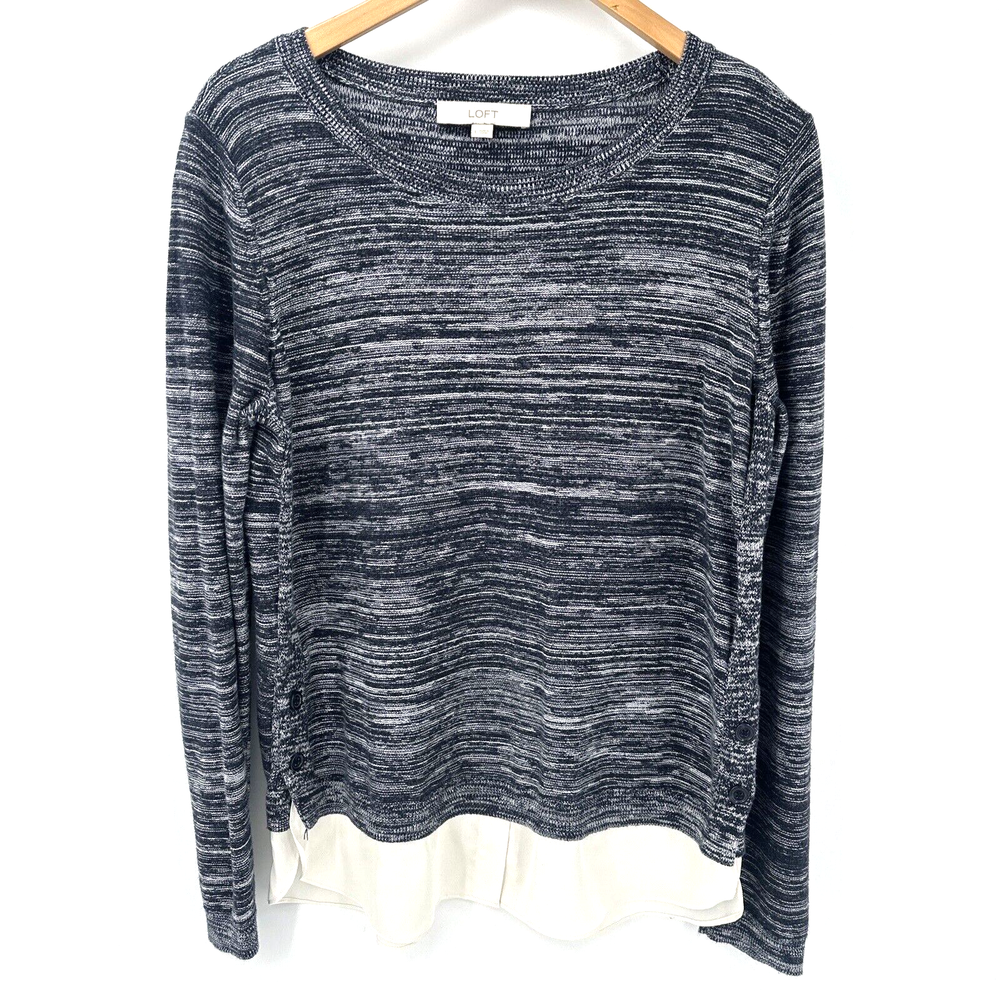 LOFT Sweater Blouse Womens Large Blue Marled Cream Pullover Knit