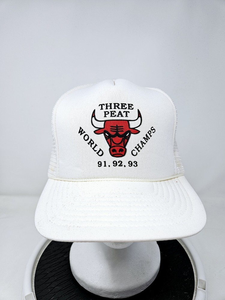 Vintage 1993 Chicago Bulls Three Peat NBA World Champs Trucker Hat FAST SHIPPING