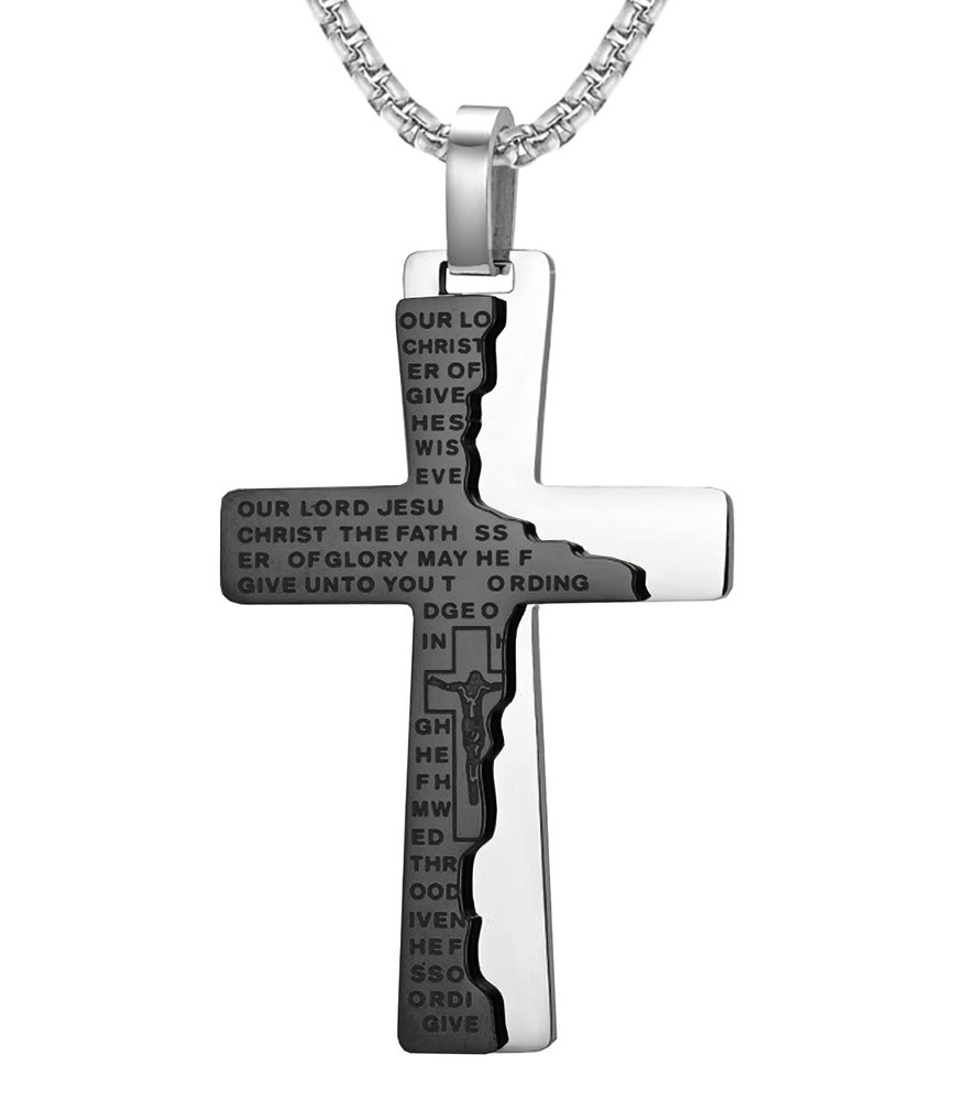 Cross Necklace for Men Stainless Steel Lord's Prayer Pendant Black Jesus Chri...