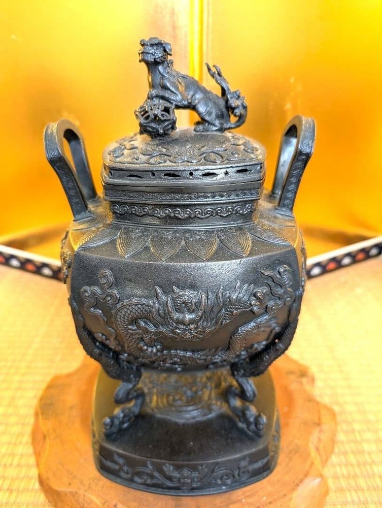 Bronze Large Incense Burner Dragon Lion 12.2in Vintage Japanese Censer Sculpture