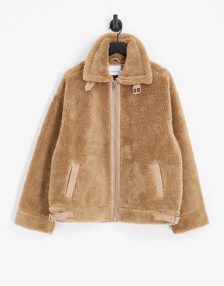 TOPMAN Faux Shearling Borg Jacket in Tan – Size M - Chest 38-40