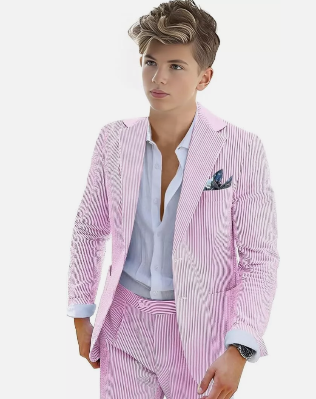 Boys Seersucker Suit 2 Piece Tuxedo for Boys Summer Beach Wedding Blazer Pants