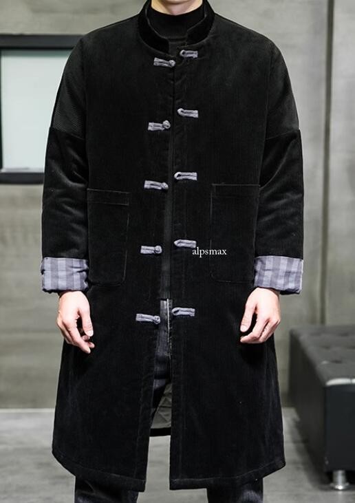 Fashion Men's corduroy Long Coat Chinese Style Jacket Cotton Warm Parka size