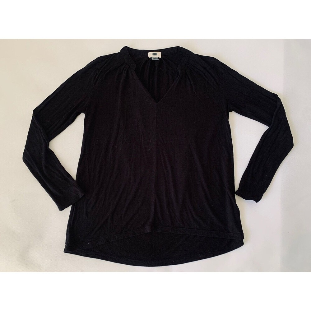 Old Navy Blouse Womens Small S Black VNeck Long Sleeve High Low Hem Essential