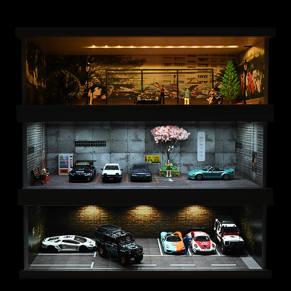 Diorama 1/64 Car Garage Model LED Lighting City Car Parking Lot Scene Model Toy