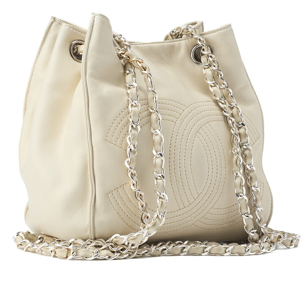 CHANEL Coco Mark Lambskin Drawstring Tote with Silver Chain Shoulder Bag
