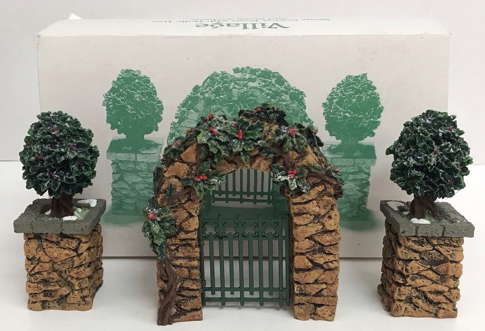 Dept 56 Stone Corner Posts with Holly Tree and Archway Christmas Village Display 52648