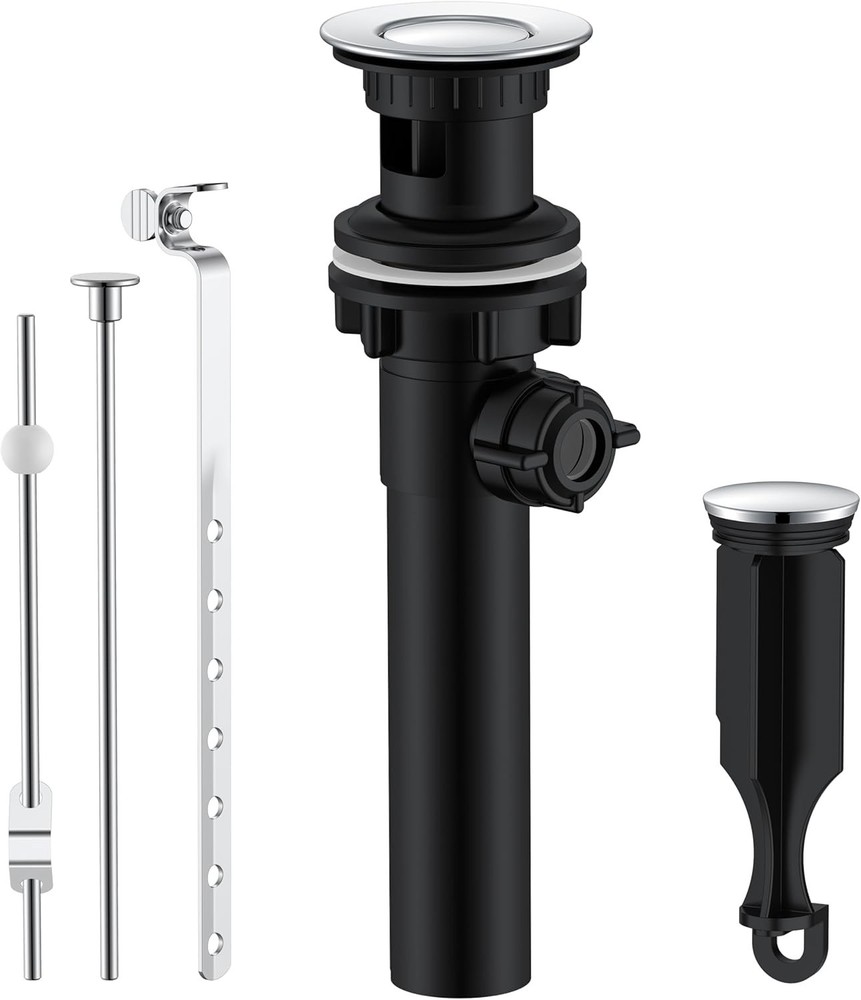 Bathroom sink drain valve with lift rod overflow, chrome-plated stopper, univers