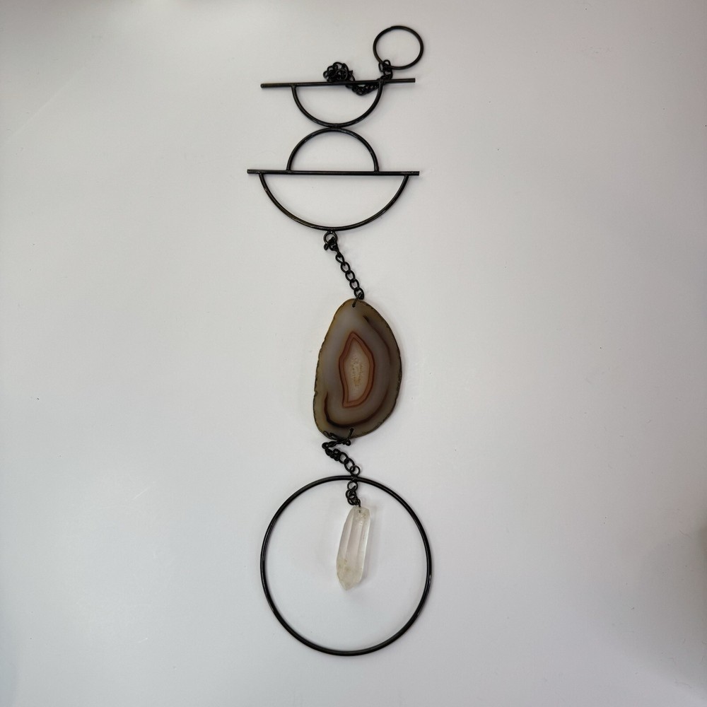 Bohemian Brown Agate and Quartz Wall Hanging with Dark Bronze Chain 20 Inch