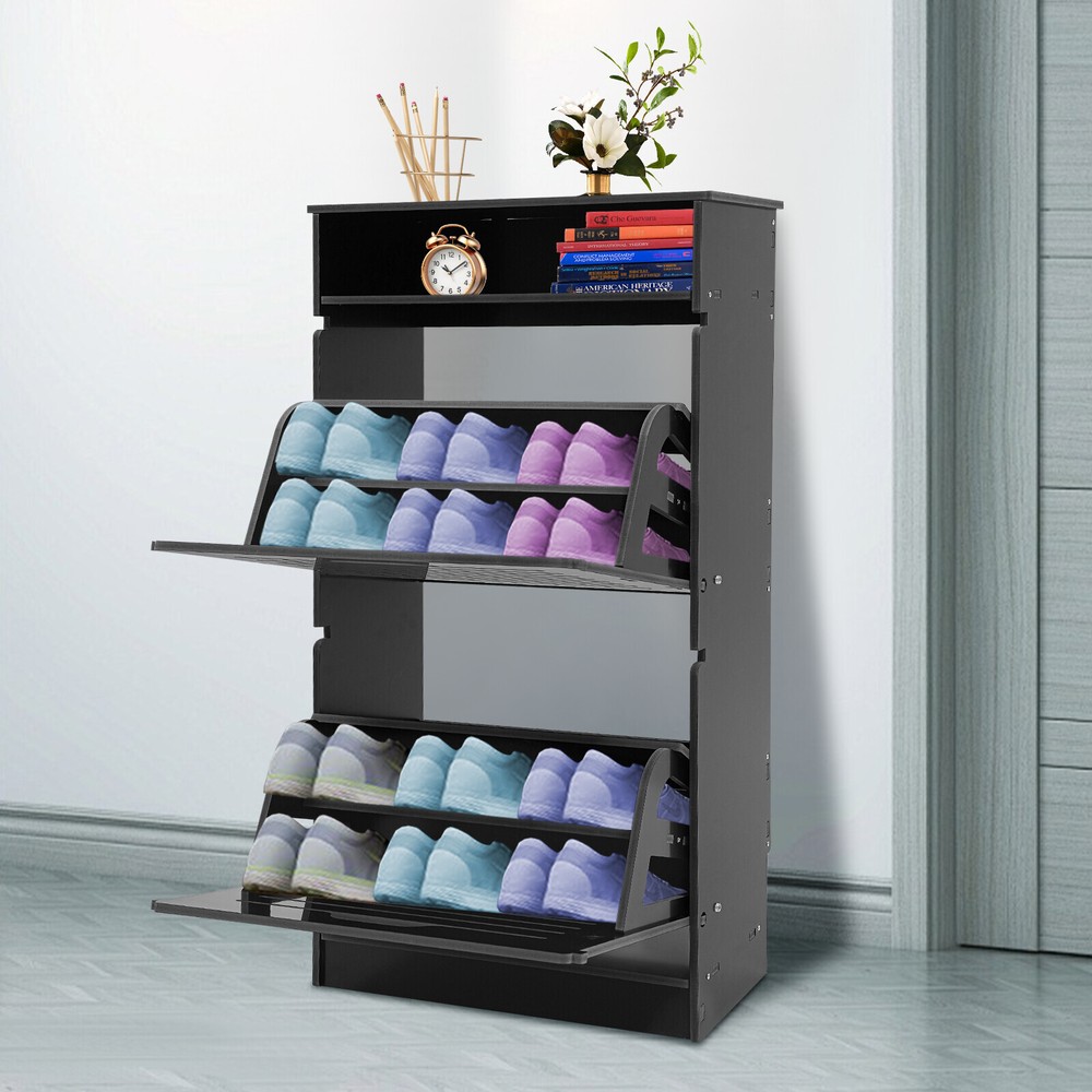 Black Narrow Flip-Down Shoe Storage Cabinet for Entryway Organization