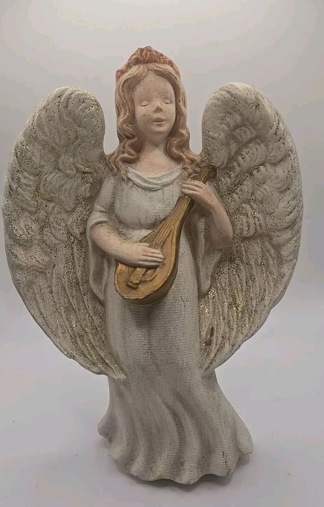 Angel Playing Mandolin Instrument 8” Gold Glitter Wings Cherub Decor