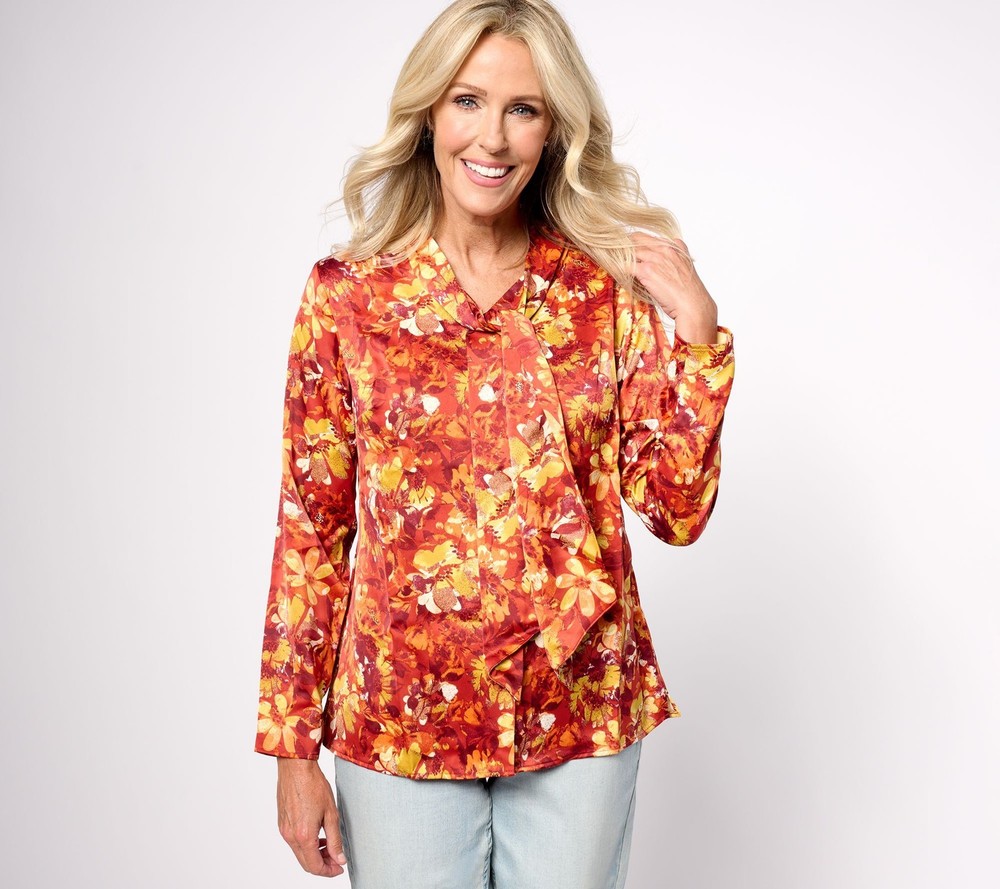 Denim & Co. Women's Top Sz S Floral Printed Blouse with Multi-colored A624131