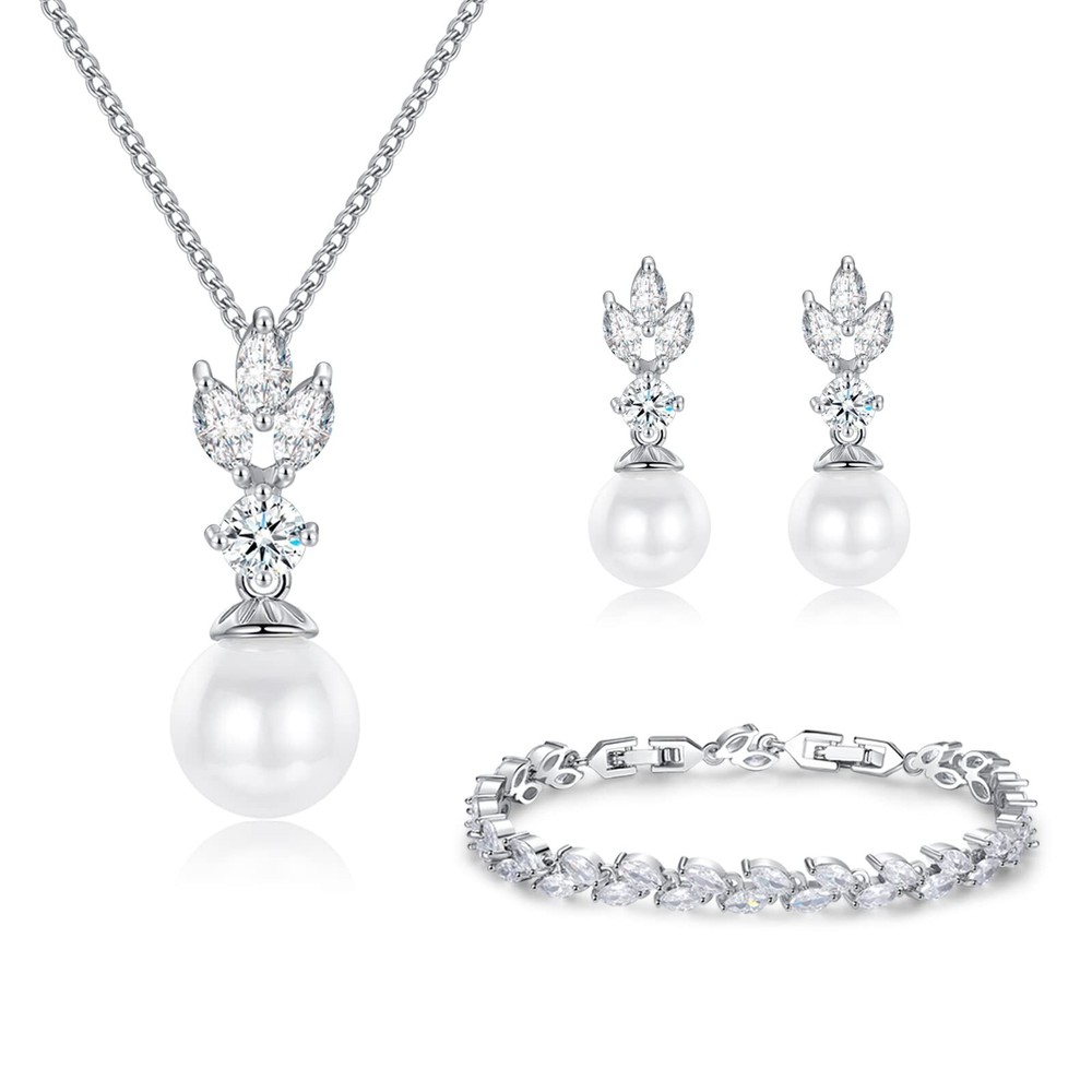 Wedding Jewelry for Bride Bridesmaid, Pearl Dangle Earrings and Pendant Neckl...