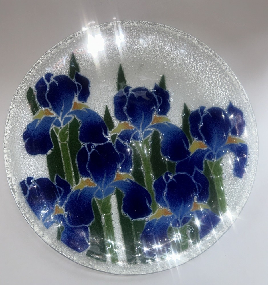 🧿 Peggy Karr Signed Fused Glass Plate Blue Flower Iris Platter Irises 13.” Tray