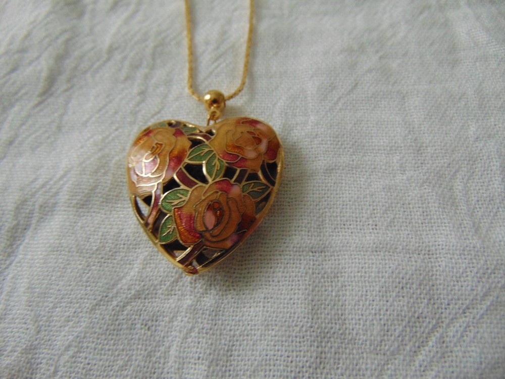 vintage colorful Cloisonne heart pendant necklace gold plated chain