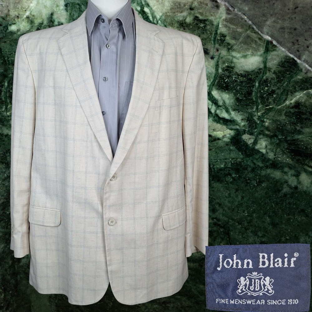 John Blair Sport Coat Blazer Mens 48L Light Beige Windowpane Linen Blend