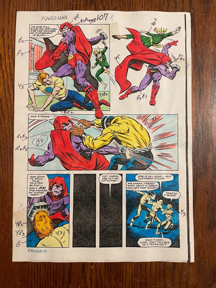 POWER MAN IRON FIST #107 ART original COLOR GUIDE LUKE CAGE BEAT UP KICK STOMACH
