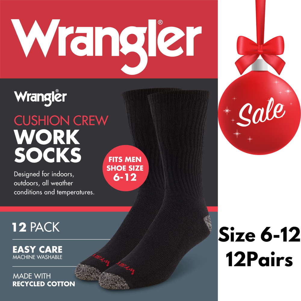 Wrangler Men's Cushion Crew Socks, Work Socks for Men, Black - 12 Pack