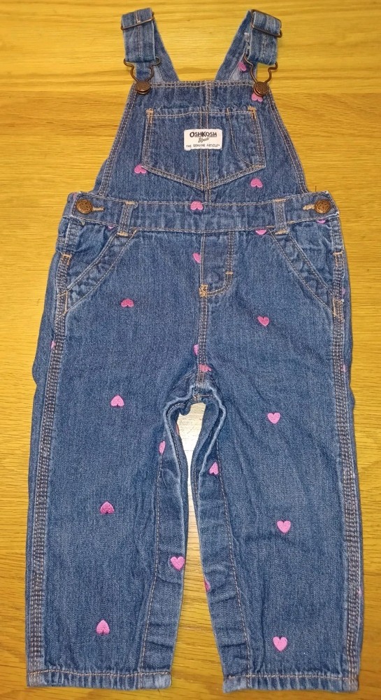 Vintage OshKosh Vestbak Denim Overalls w/ Pink Embroidered Hearts - 18M - USA