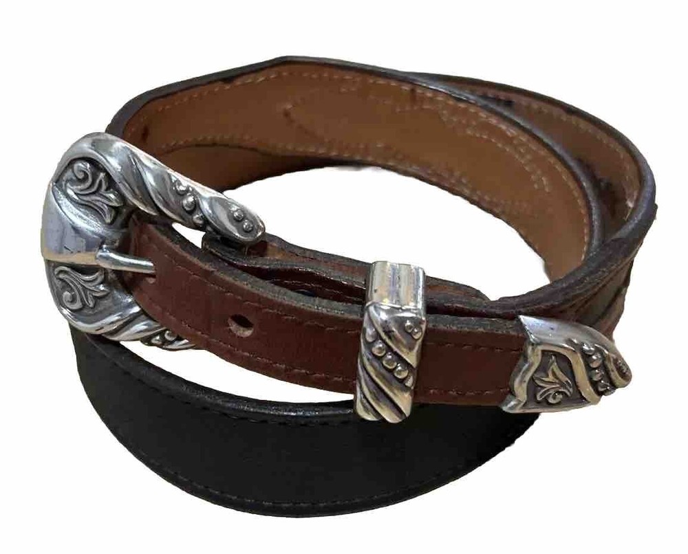 Nocona Leather Western Belt Womens Size 30 Black Brown Overlay Silver Toned