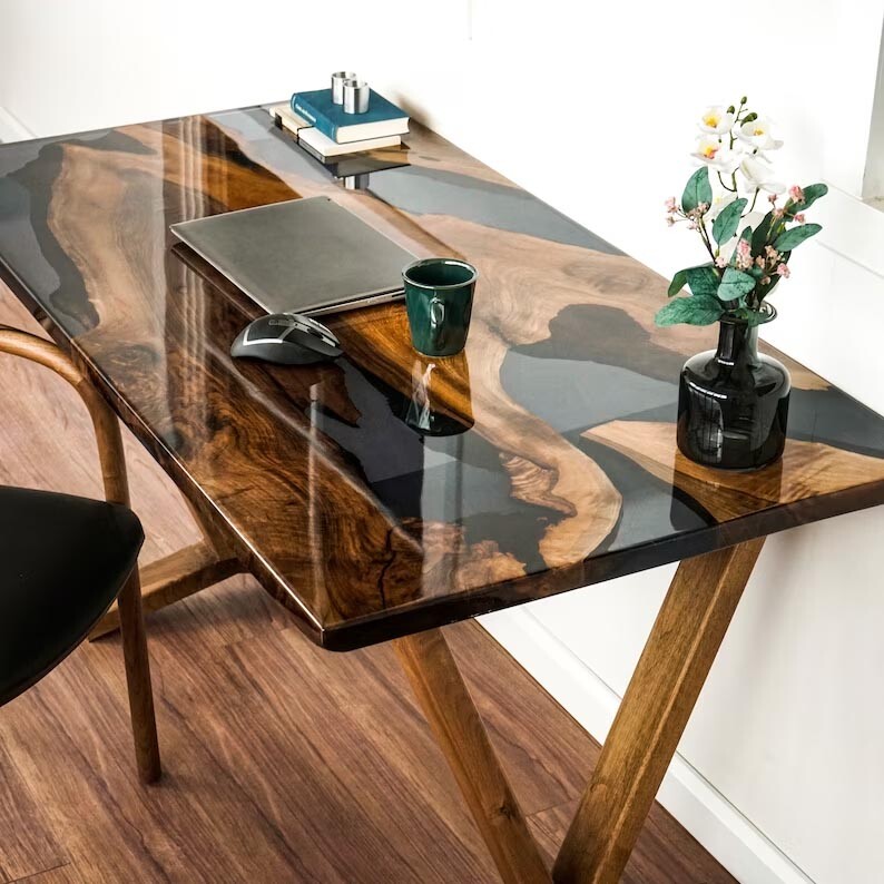 Smoky Black Epoxy Coffee Table Top Handmade Wooden Furniture For Home Decor