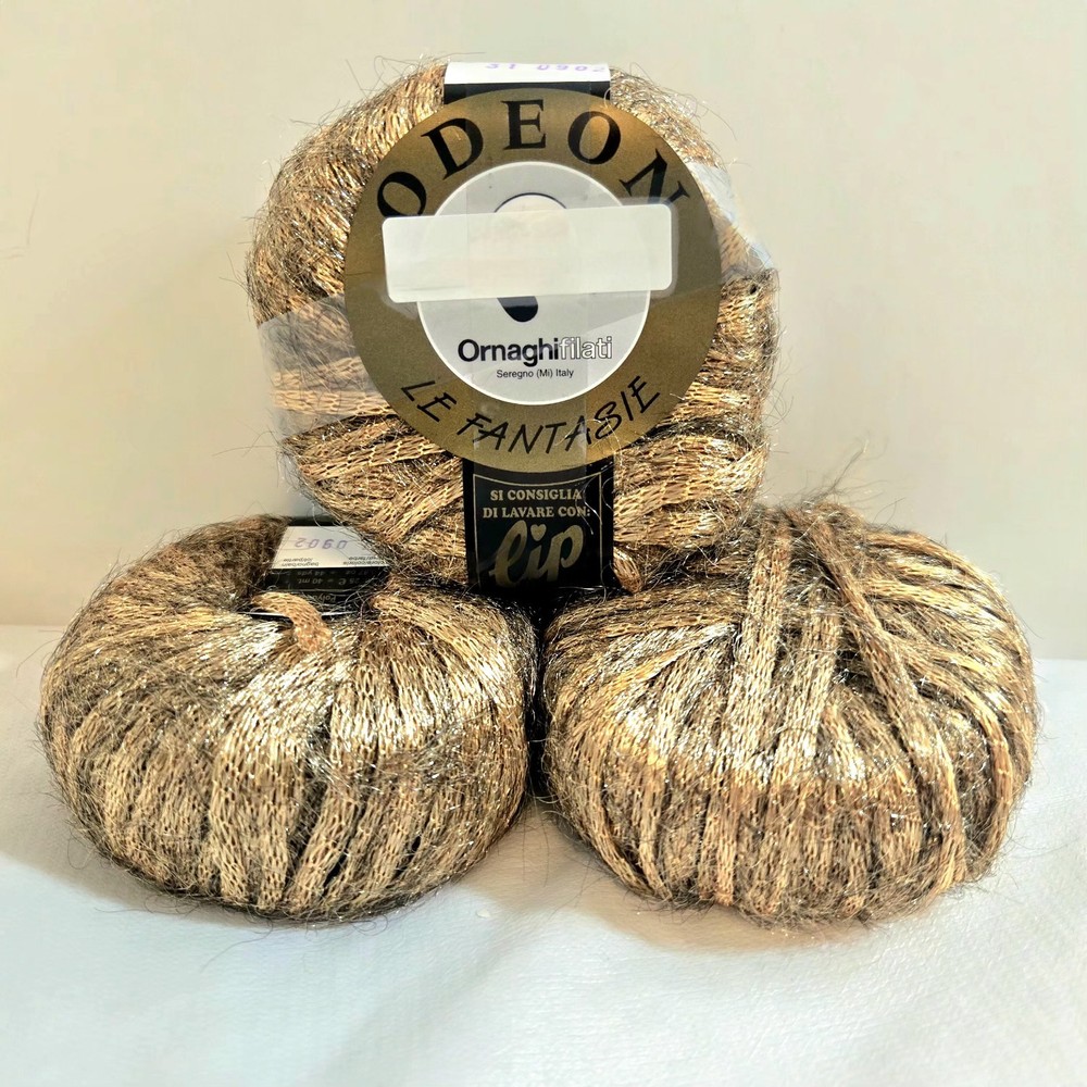 RARE Ornaghifilati Odeon 3 Skein Lot Gold Metallic 100% Polyamide Yarn Italy VTG