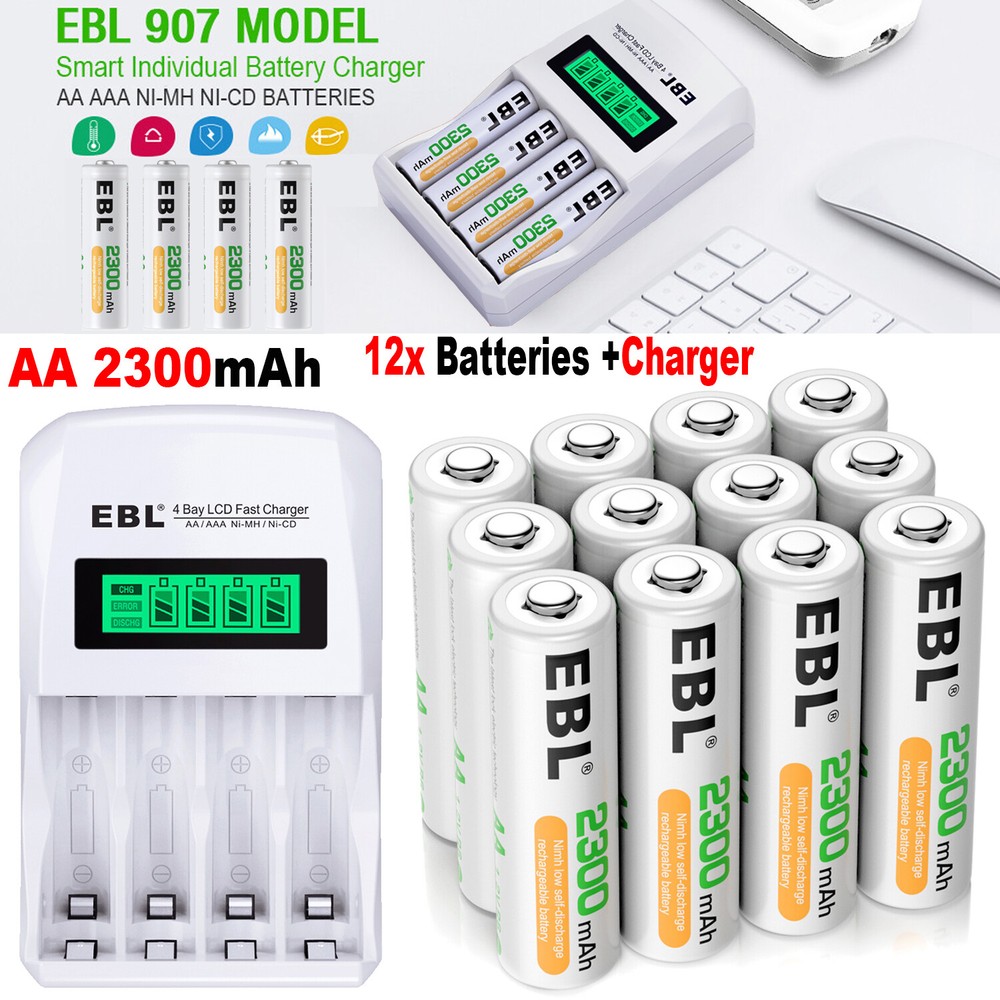 12 Piezas Pilas Recargables AA 2300mAh Ni-MH 1.2V + LCD Cargador de Batería de 4 Ranuras
