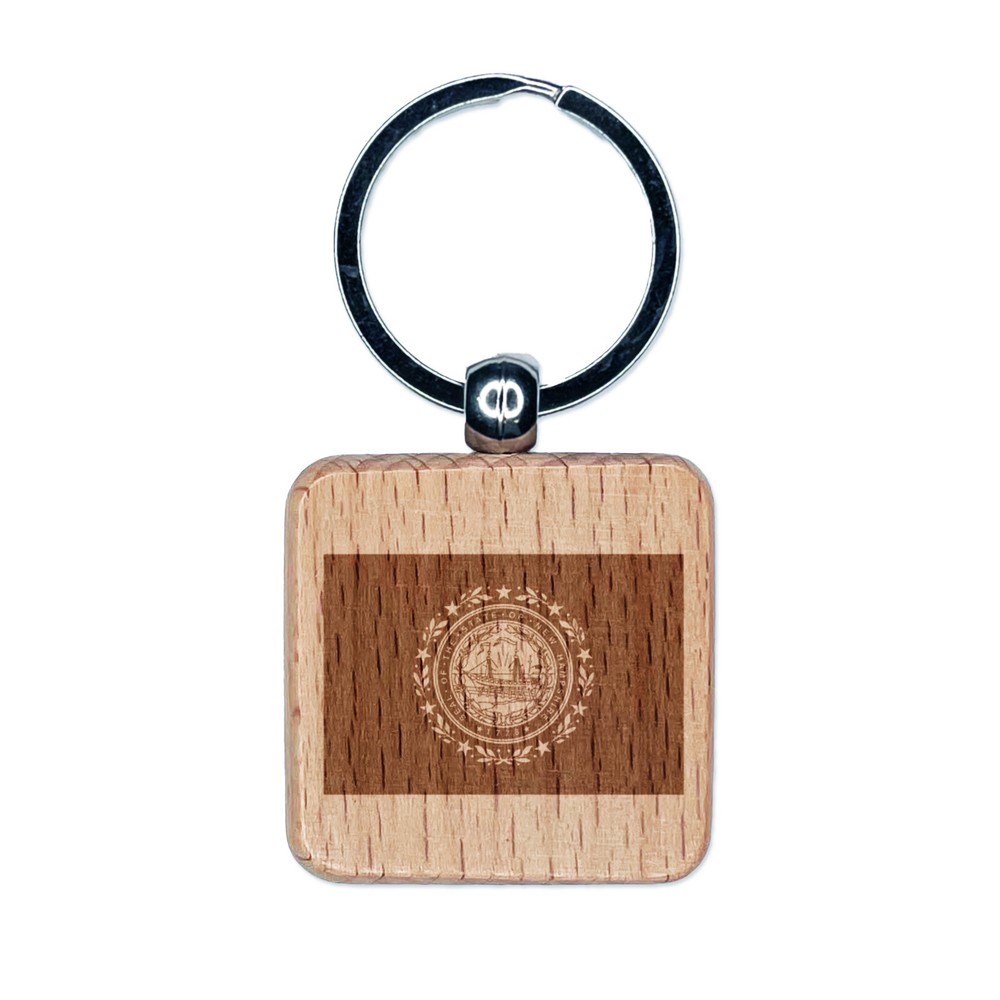 New Hampshire State Flag Engraved Wood Square Keychain Tag Charm