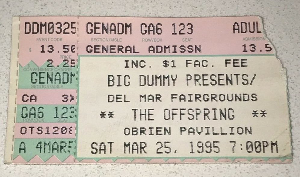 1995 Big Dummy Presents The Offspring Concert Del Mar Fairground GA Ticket Stub