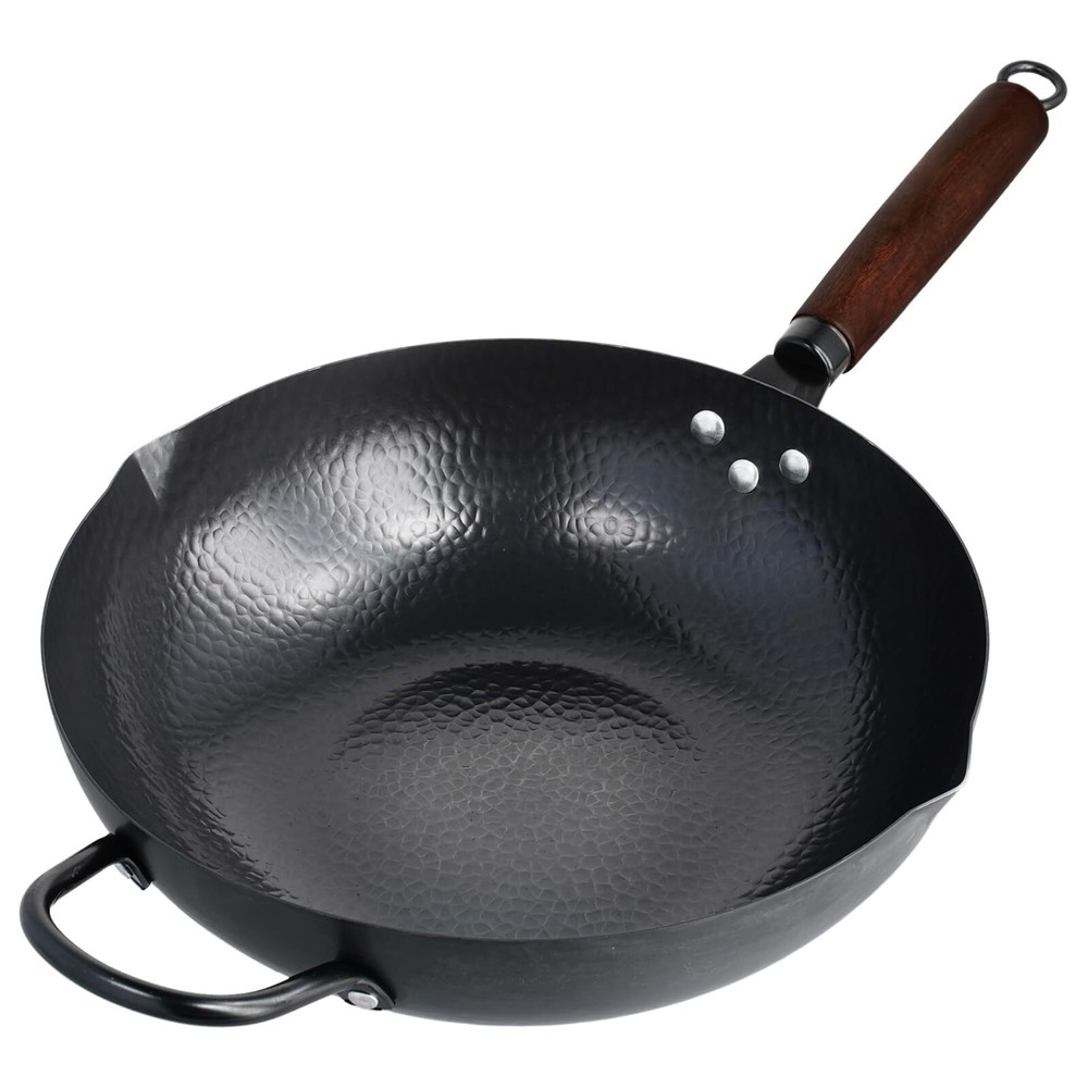 Carbon Steel Wok Pan with Double Spouts, Woks & Stir-Fry Pans Nonstick with W...
