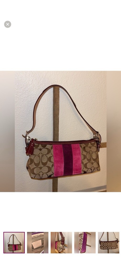 Coach Signature Shoulder Bag Purse Womens One Size Brown Pink Suede Stripe 7039