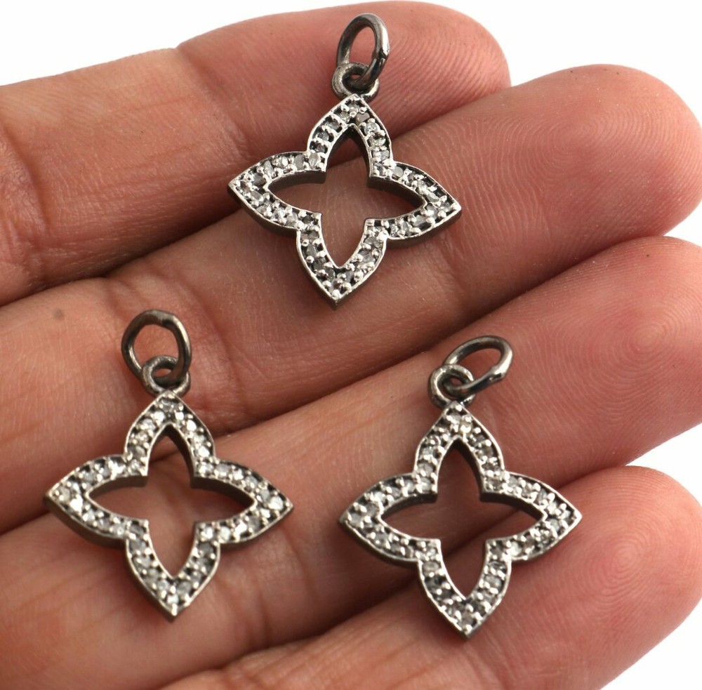 Pave Diamond Clover Pendant 925 Silver Diamond Charm For Good Luck New Year Gift-image