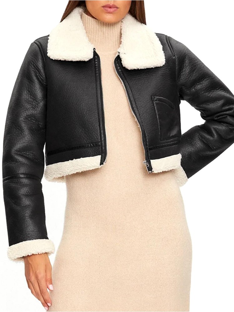 Faux Shearling Lined Cropped Aviator Jacket for Women Size 8-16