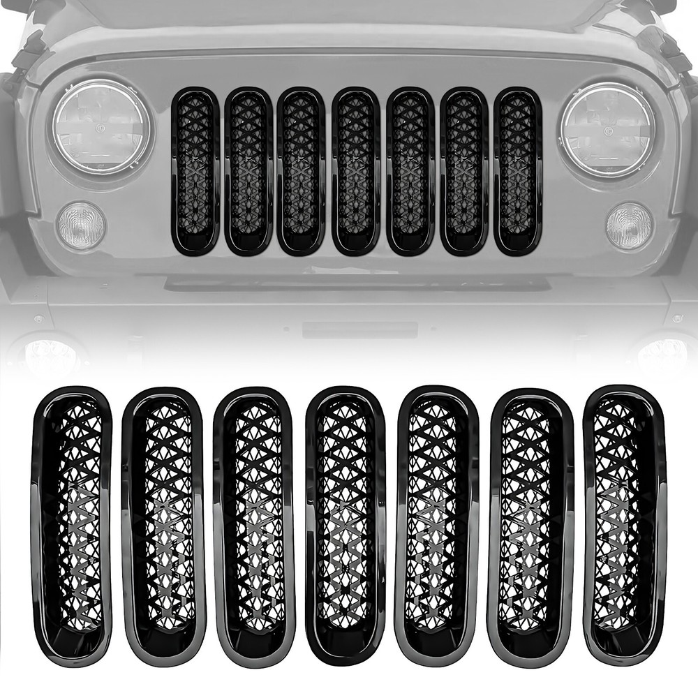 7PCS Front Mesh Grille Insert Plate Cover Trim For Jeep Wrangler JK JKU 07-2018