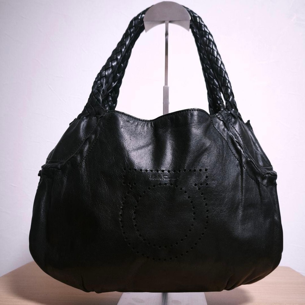 Ferragamo Leather Shoulder Bag Handbag Gancini Punching Black Women from JAPAN