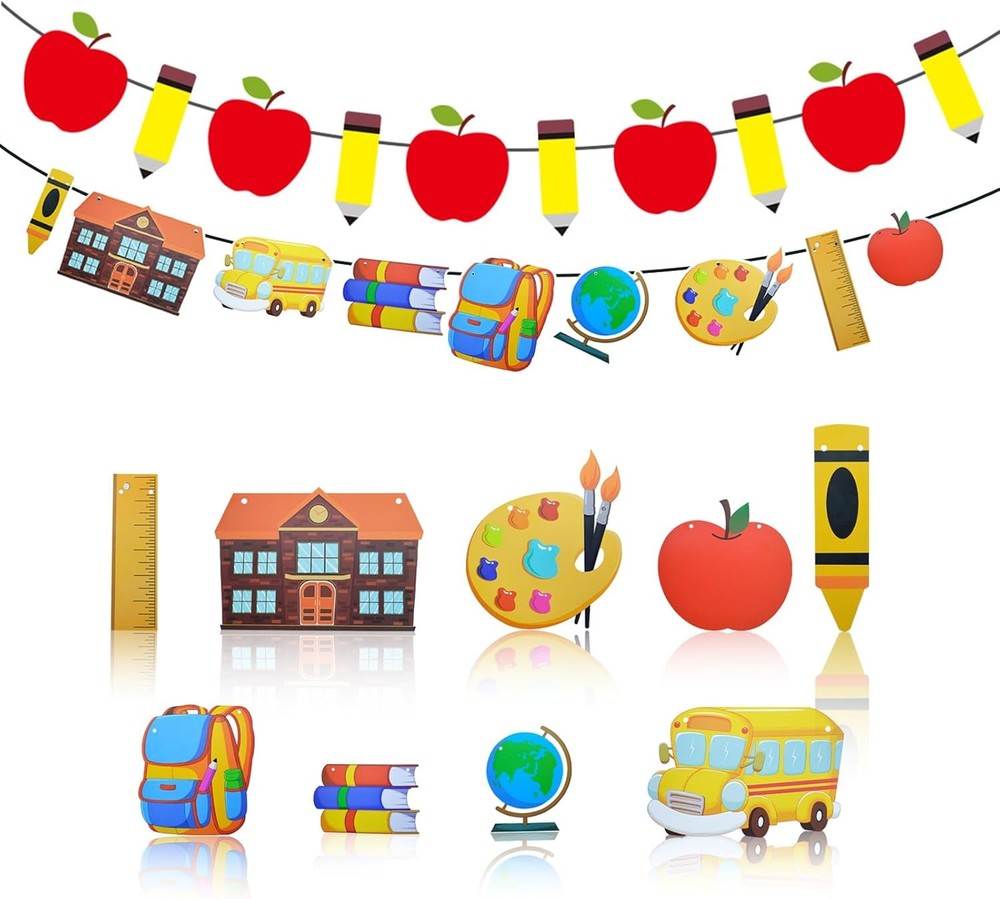 Colorful Apple & Pencil Back to School Banner with Supplies-image