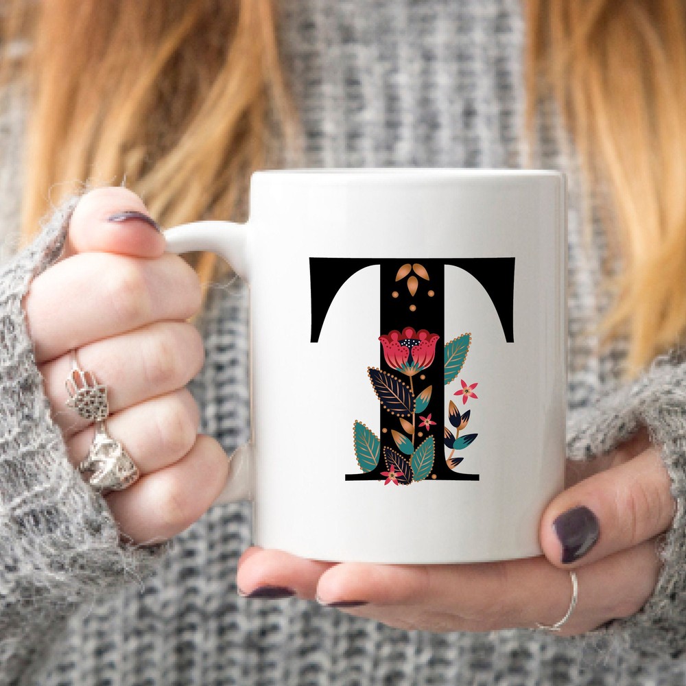 Folk Art Monogram T Coffee Mug Christmas Gift For Her