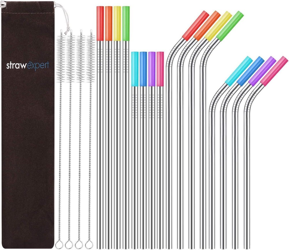 16-Piece Reusable Stainless Steel Straw Set with Case & Cleaning Brush