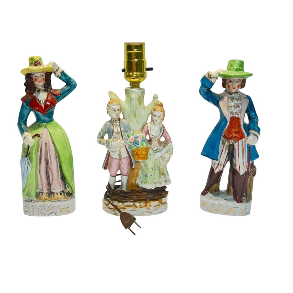 Victorian Figures Table Lamp and Set of Japan Porcelain Figures Vintage
