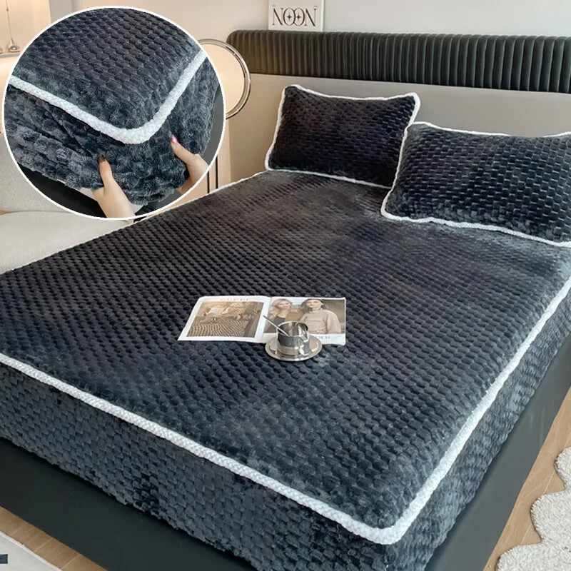 1pc Soft Plush Elastic Fitted Bed Sheet with Mattress Protector Warm Plain Cover