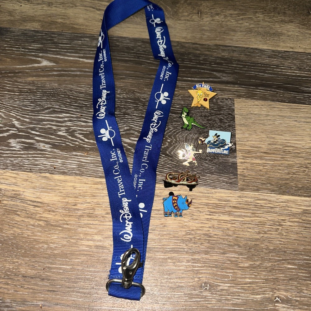 Vintage 2002 Disney Travel Co Lanyard with 6 Pins 1 Six Flags 5 Disney