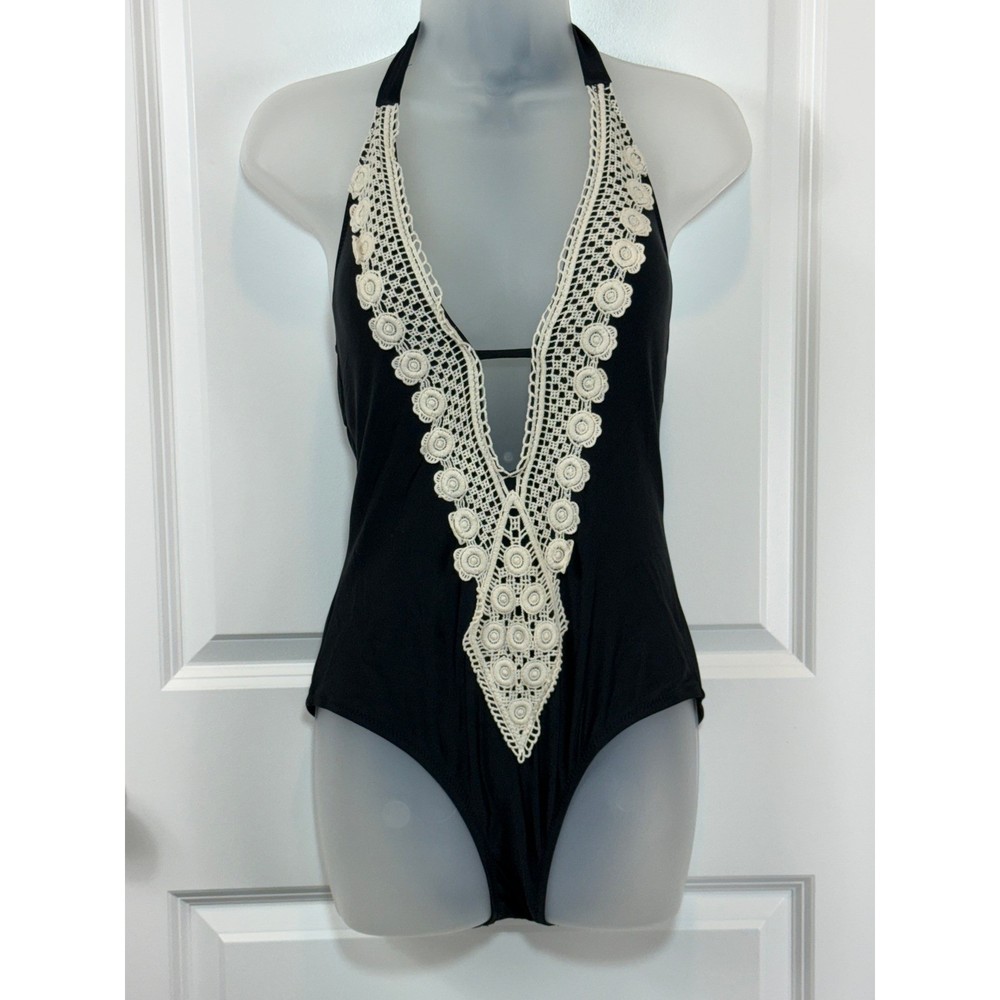 Kona Sol Black Halter One Piece Swimsuit Crochet Trim Deep V Neck Women's Medium